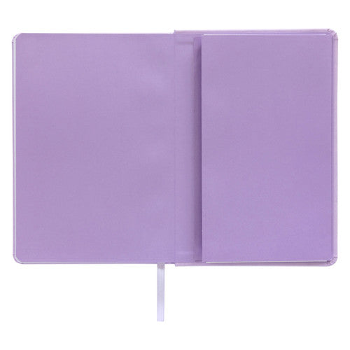 Back cover of the lilac Spirax dotted journal opened to show the expandable pocket in matching lilac