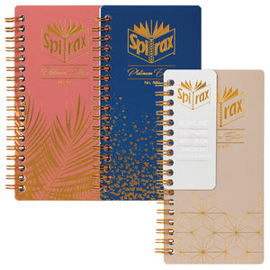 Three Spirax Platinum Slimline notebooks overlapping in coral with gold palm leaves, navy with gold speckles and beige with a white band printed slimline 120 pages