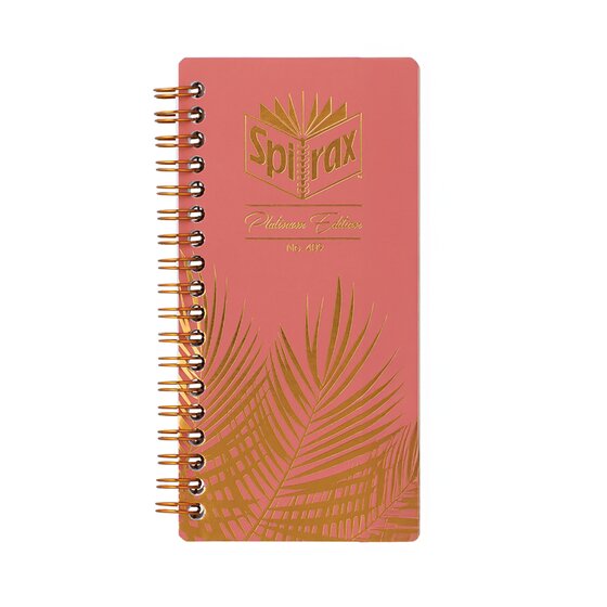 Spirax Platinum Slimline 409 notebook with a coral cover, gold palm fronds, a gold Spirax logo and Platinum Edition script, copper wire down the left edge
