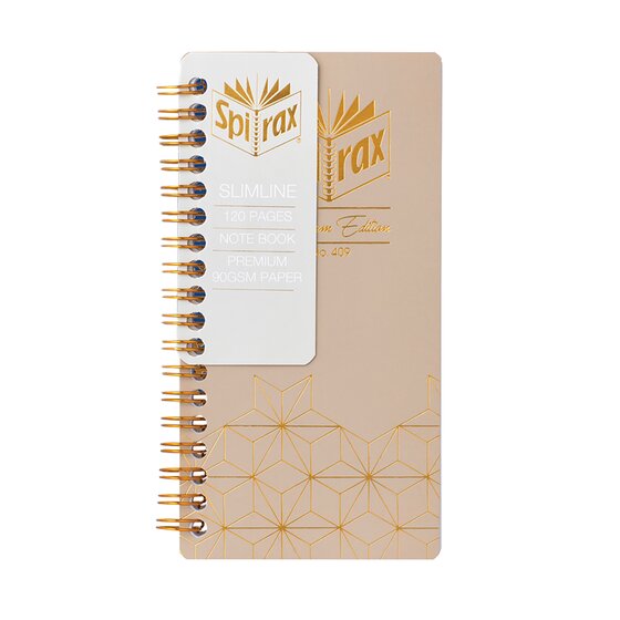 Spirax Platinum Slimline notebook with a beige cover and gold geometric pattern, wrapped in a white band printed slimline, 120 pages, note book, premium 90gsm paper