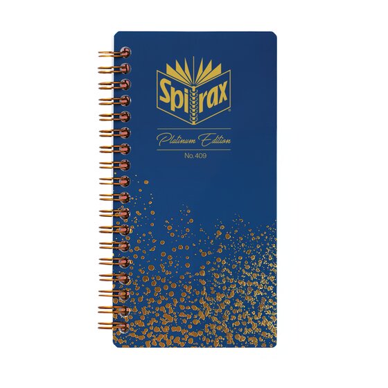 Spirax Platinum Slimline 409 notebook with a navy cover, gold speckles across the lower half, a gold Spirax logo and Platinum Edition No. 409
