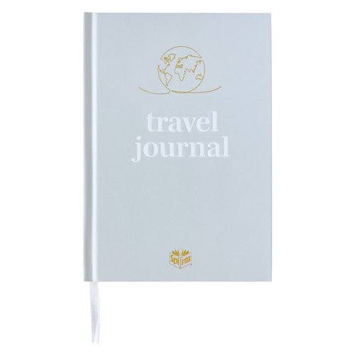 Spirax Platinum travel journal in a pale cloud A5 hardcover with a gold line drawn globe above the words travel journal
