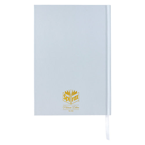 Back of the cloud Spirax travel journal hardcover with a gold Spirax Platinum Edition crest and a white ribbon bookmark