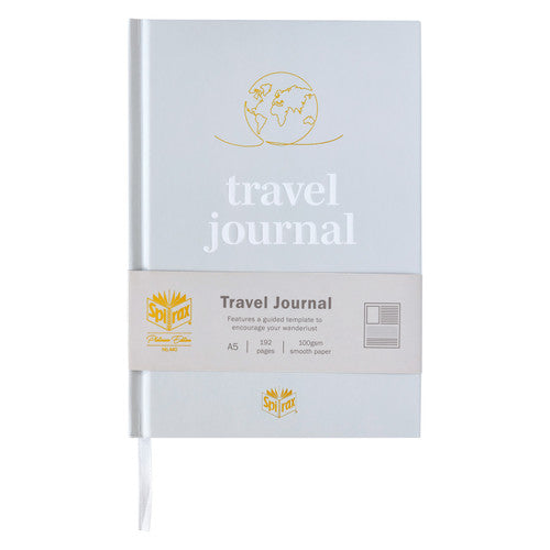 Cloud Spirax travel journal in its paper band reading Travel Journal, a guided template to encourage your wanderlust, A5, 192 pages