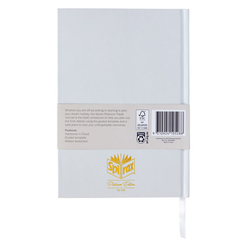Back band of the Spirax travel journal listing hardcover in cloud, guided template and ribbon bookmark with the barcode