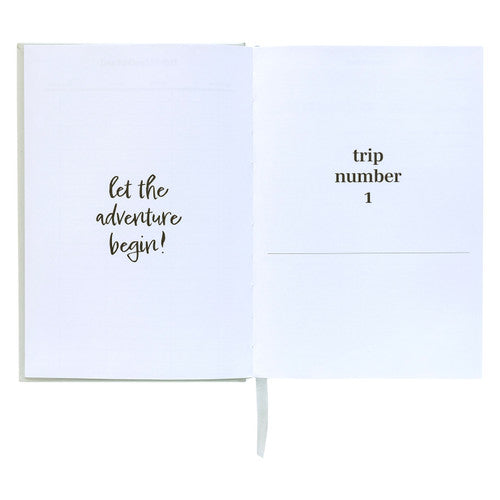 Spirax travel journal open at a hand lettered page opposite a trip number 1 opener page