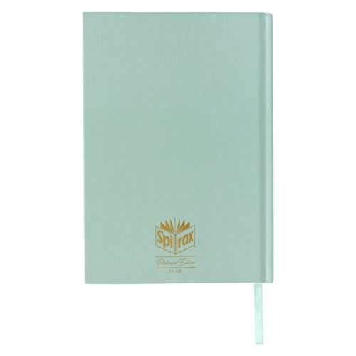 Back of the mint Spirax wellness journal hardcover with a small gold Spirax Platinum Edition crest and the ribbon bookmark
