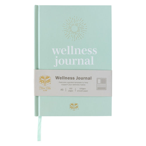 Mint Spirax wellness journal with its paper band: Wellness Journal, a guided template to help support your wellness habits, A5, 192 pages