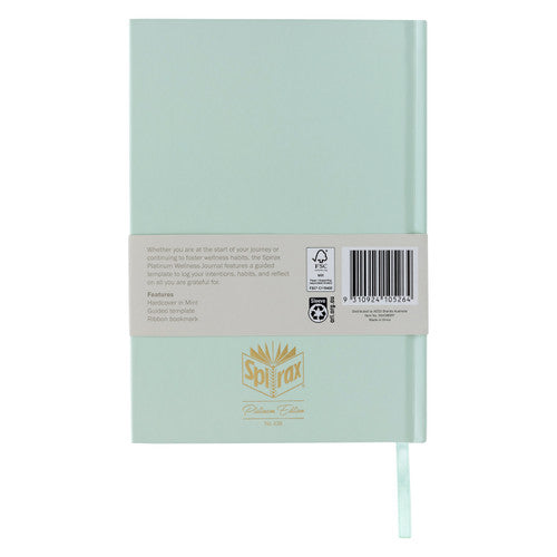 Back band of the Spirax wellness journal listing hardcover in mint, guided template and ribbon bookmark beside the barcode