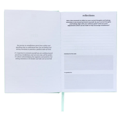 Spirax wellness journal open at a reflections page with printed prompts, intentions and gratitude boxes opposite an intro page
