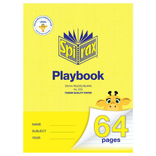 Yellow Spirax No. 223 Playbook cover printed 10mm ruled/blank and 70gsm quality paper, with a cartoon giraffe, a large 64 pages label and a name, subject and year panel