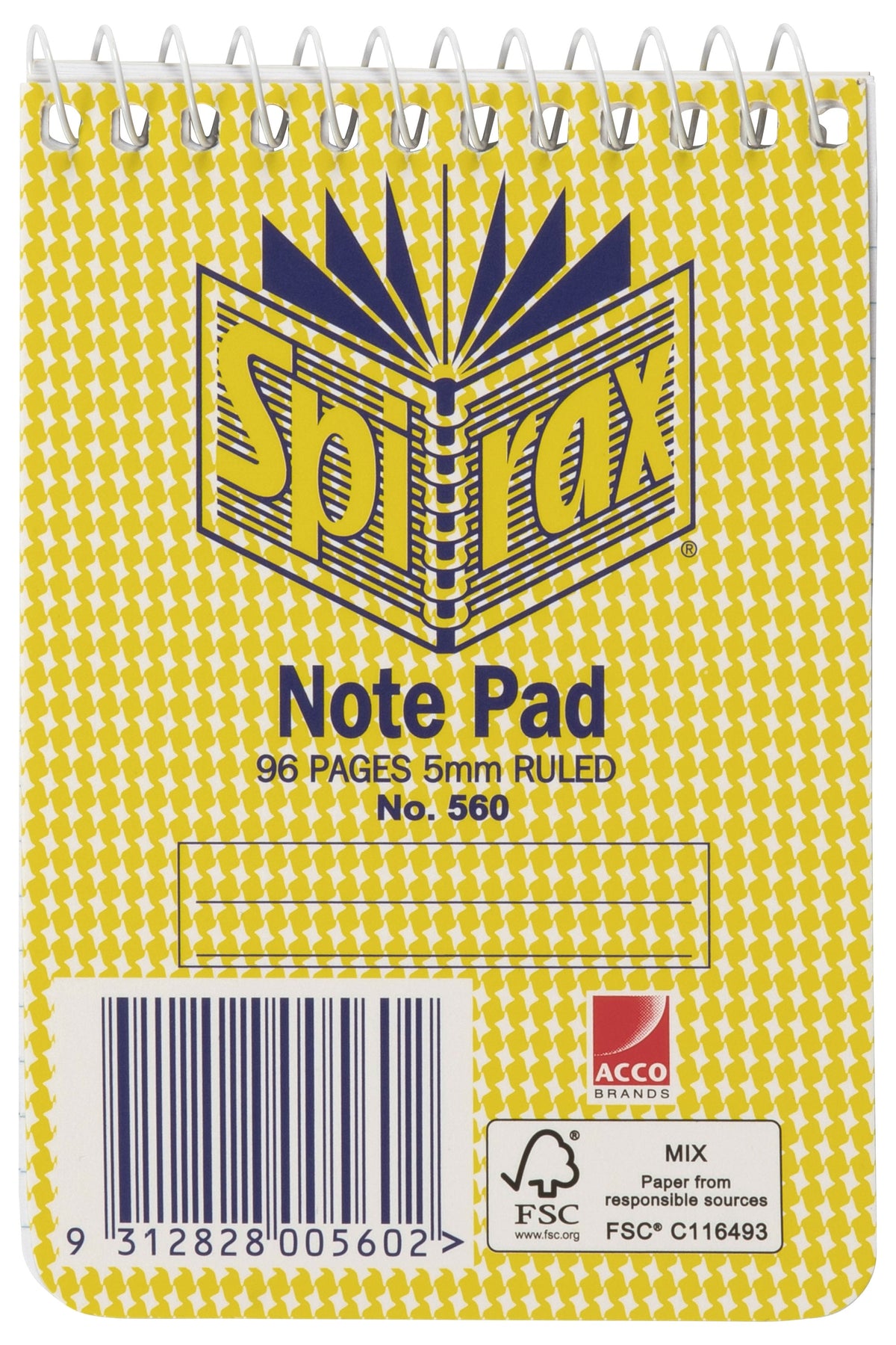Front of a single Spirax No. 560 note pad from the pack, yellow check cover printed Note Pad, 96 Pages 5mm Ruled, with a barcode panel and white top spiral