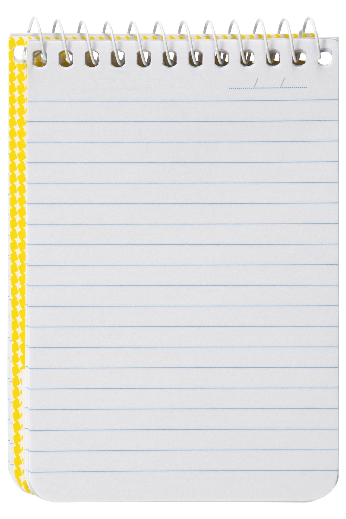 Spirax No. 560 note pad opened to a ruled page, white spiral across the top, yellow check cover edge showing down the left side