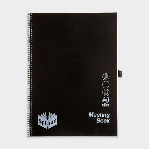 Spirax black polypropylene A4 meeting book closed showing rigid PP cover and pen holder