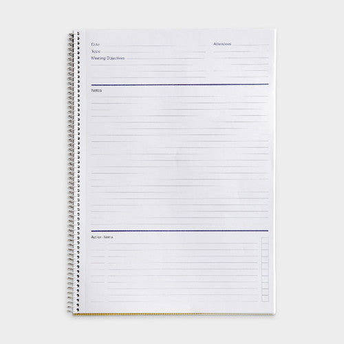 Spirax A4 meeting book open to a templated page showing sections for date, topic, attendees, objectives, notes and actions
