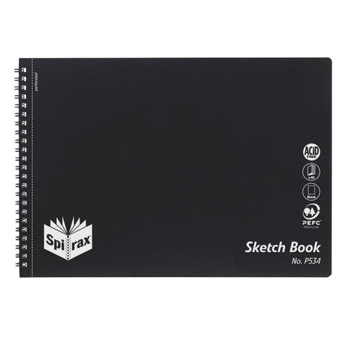 Spirax black polypropylene A4 sketch book with side wire binding, 40 pages, shown closed