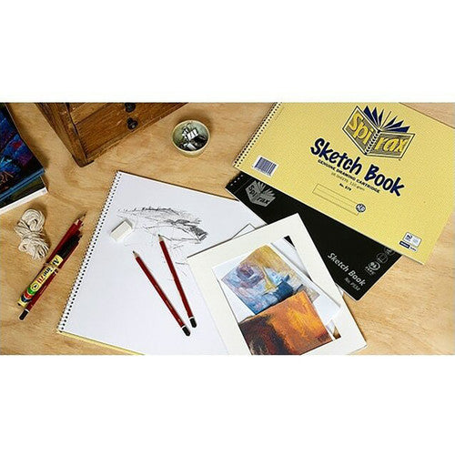 Open Spirax A4 polypropylene sketch book showing blank 110gsm cartridge paper pages