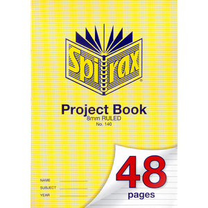 Spirax 140 A4 project book with a yellow hounds tooth cover printed 8mm ruled and No. 140, a red 48 pages mark on a curled corner showing ruled lines