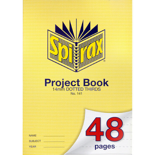Spirax 141 A4 project book, yellow hounds tooth cover printed 14mm dotted thirds and No. 141, with a red 48 pages number on a curled corner