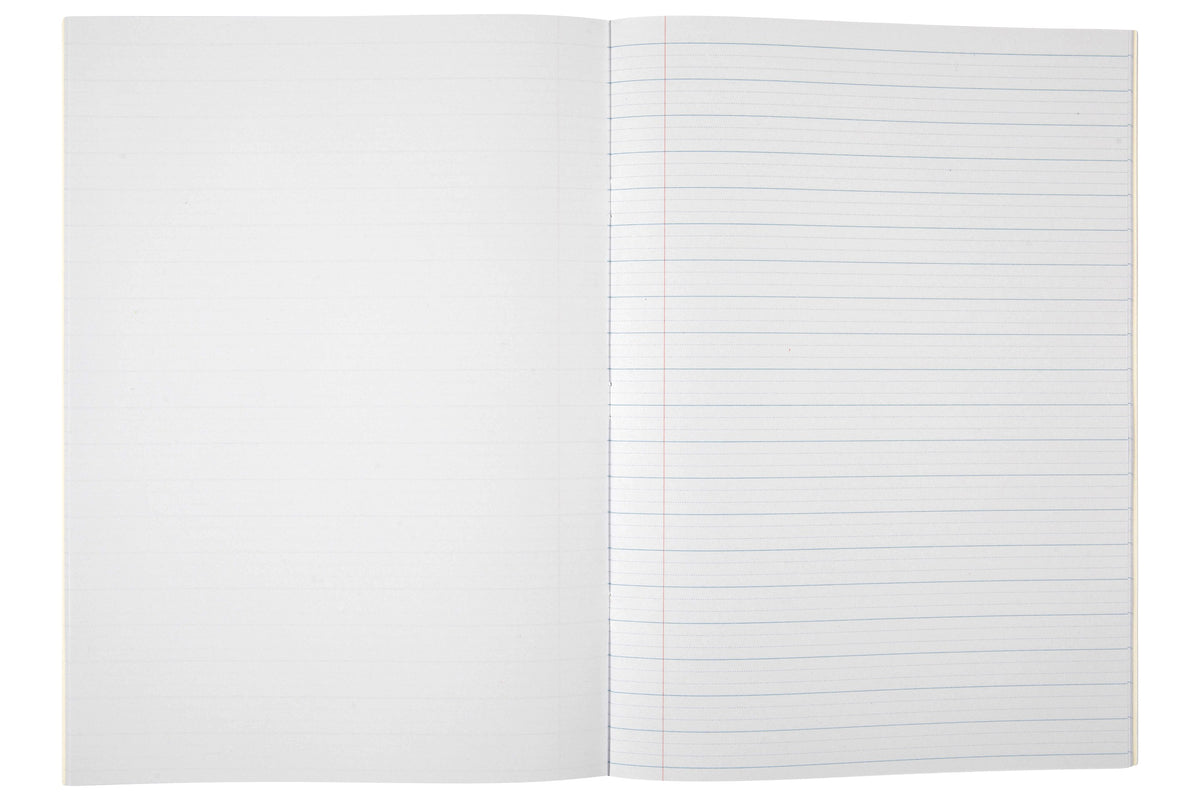 Open Spirax 141 project book with a blank left page facing a right page of 14mm dotted thirds ruling and a red margin line