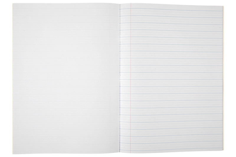 Open Spirax 141 project book with a blank left page facing a right page of 14mm dotted thirds ruling and a red margin line