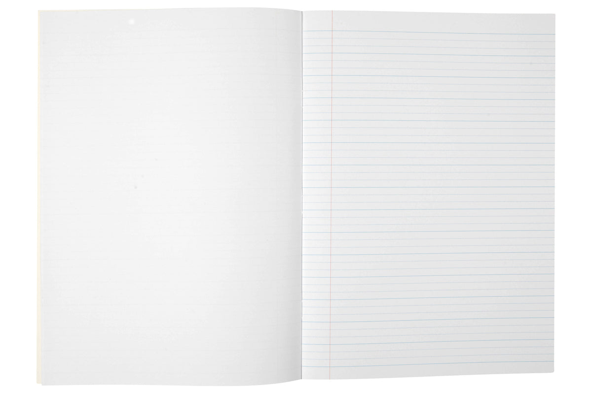 Open Spirax 142 project book with a blank left page facing a right page of 18mm dotted thirds ruling and a red margin line