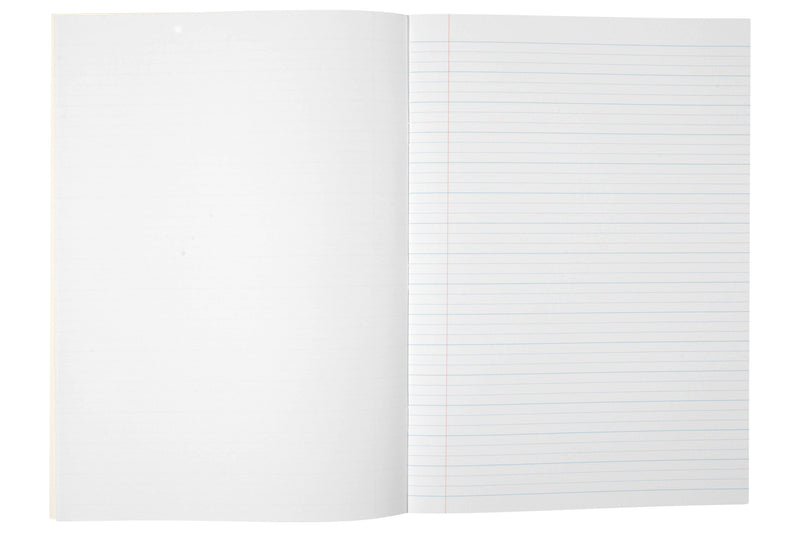Open Spirax 142 project book with a blank left page facing a right page of 18mm dotted thirds ruling and a red margin line