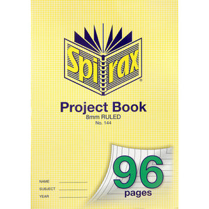 Yellow hounds tooth cover of the Spirax 144 A4 project book, printed 8mm ruled and No. 144, with a green 96 pages number on a curled ruled corner