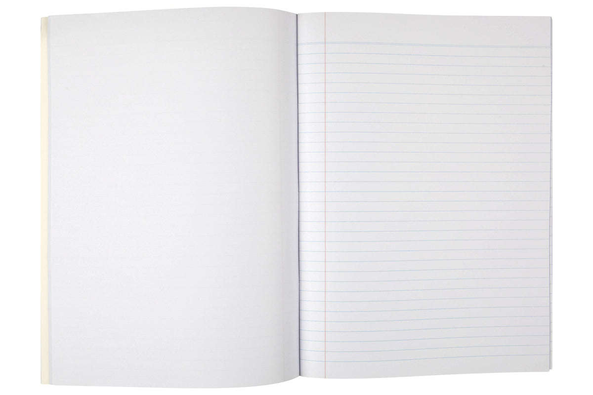 Open Spirax 144 project book with a blank left page facing a right page of 8mm ruled lines and a red margin line