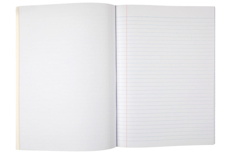 Open Spirax 144 project book with a blank left page facing a right page of 8mm ruled lines and a red margin line