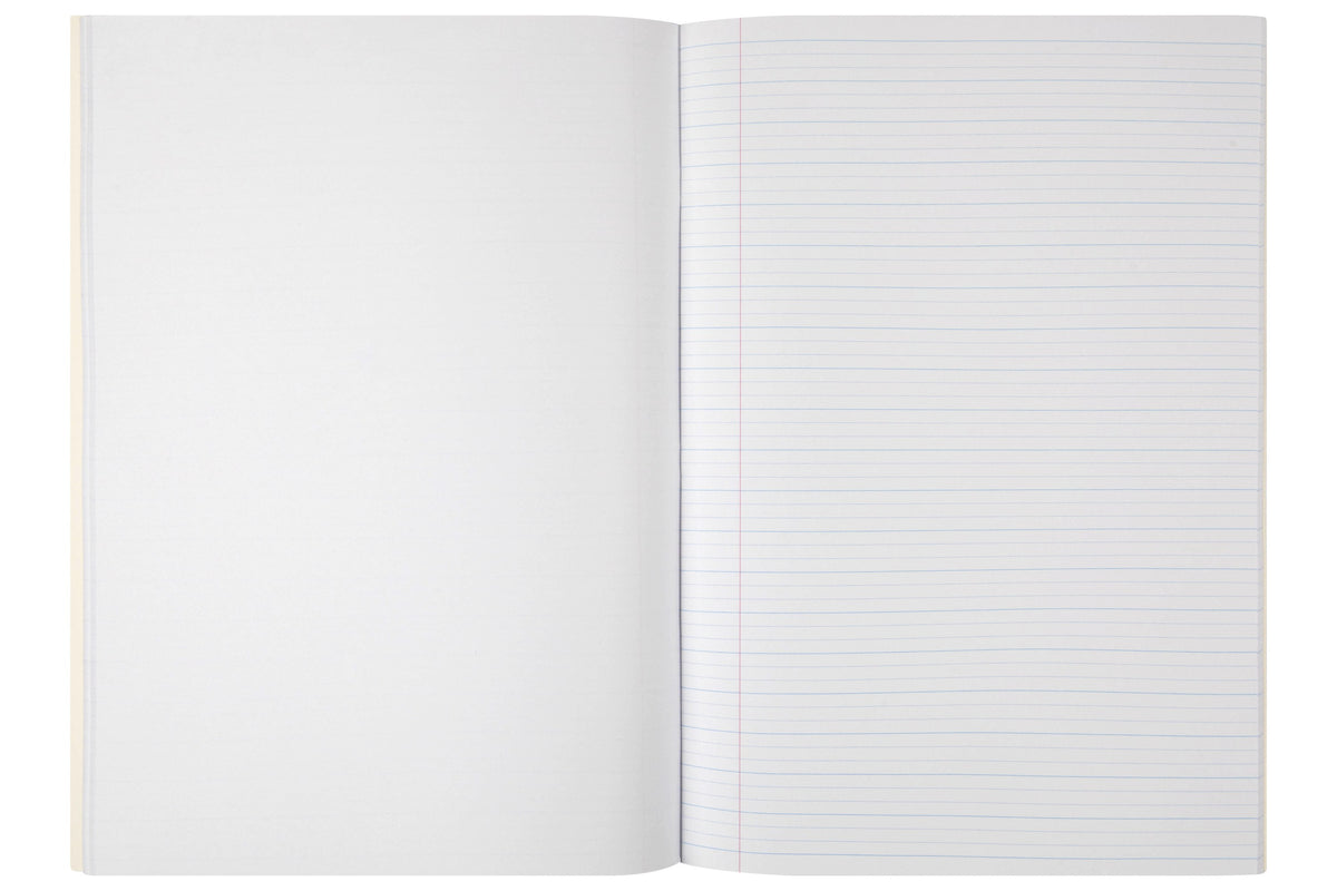 Open Spirax 146 project book with a blank left page facing a right page of 14mm dotted thirds ruling and a red margin line