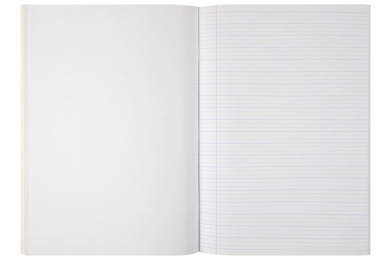 Open Spirax 146 project book with a blank left page facing a right page of 14mm dotted thirds ruling and a red margin line