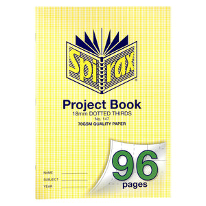 Spirax No. 147 A4 project book with a yellow check cover printed 18mm dotted thirds, 70gsm quality paper and 96 pages on a curled corner