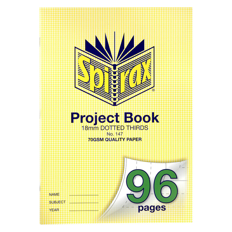 Spirax No. 147 A4 project book with a yellow check cover printed 18mm dotted thirds, 70gsm quality paper and 96 pages on a curled corner