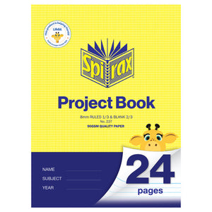 Front of a Spirax 227 project book, yellow patterned cover printed 8mm ruled 1/3 and blank 2/3 with 90gsm quality paper and 24 pages under a giraffe