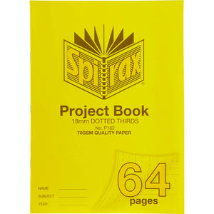 Spirax P162 project book with a plain yellow polypropylene cover showing 18mm dotted thirds, 70gsm quality paper and a large 64 pages mark in the corner