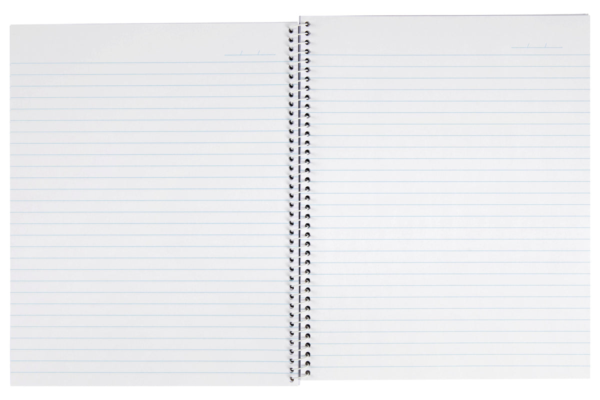 Spirax No. 593 quarto notebook opened flat on its white side spiral, both pages printed with pale blue ruled lines and a date line at the top