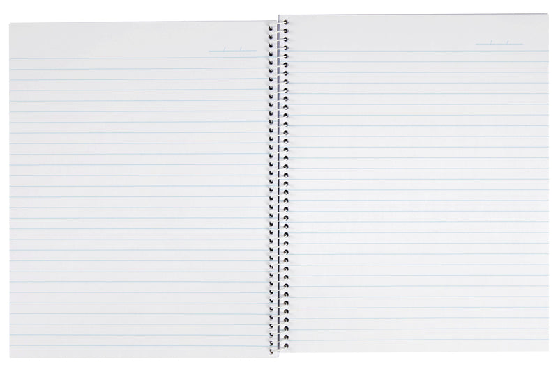Spirax No. 593 quarto notebook opened flat on its white side spiral, both pages printed with pale blue ruled lines and a date line at the top