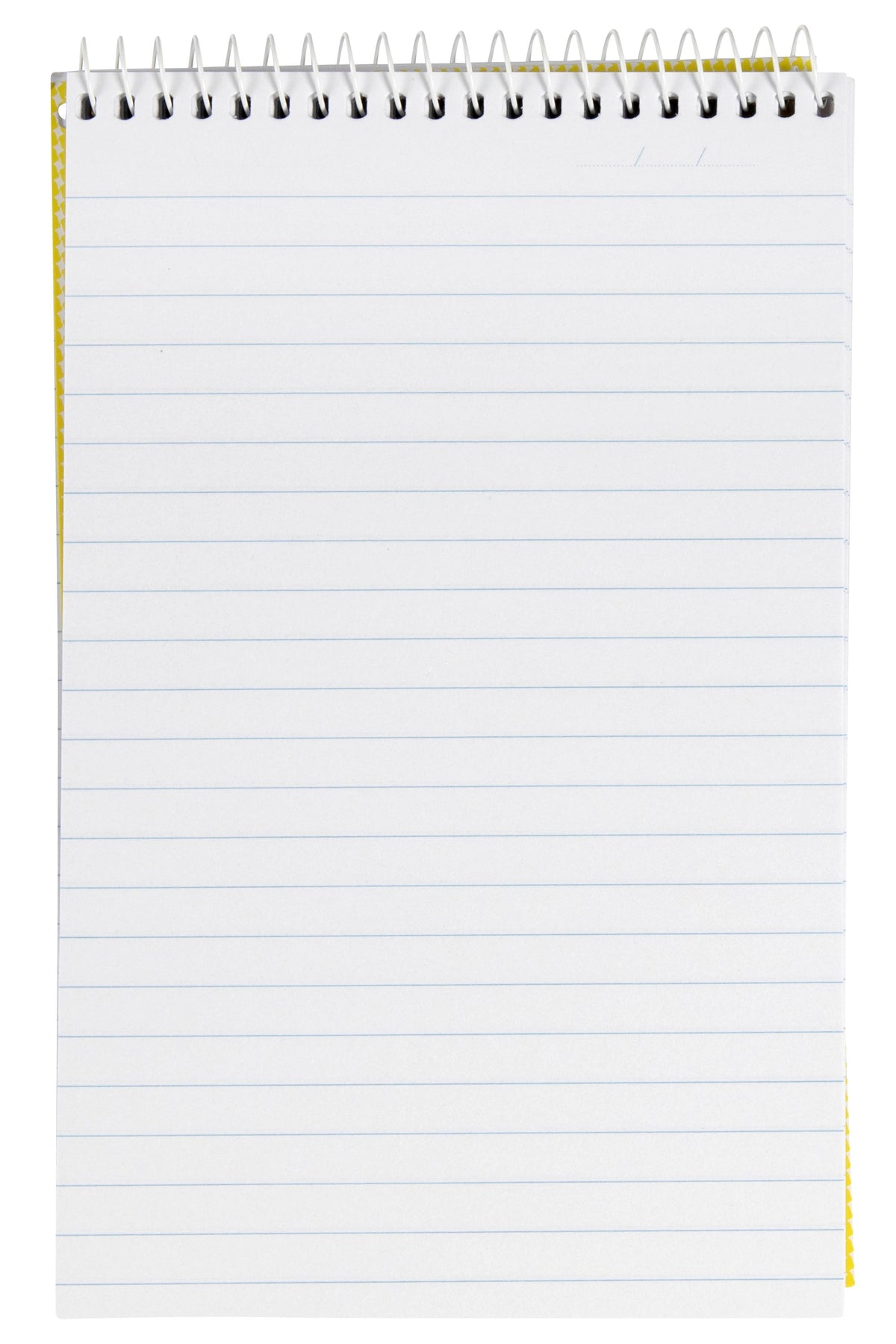 Spirax No. 563A reporter note pad opened to a ruled page, white spiral along the top and the yellow check cover edge visible down the left side