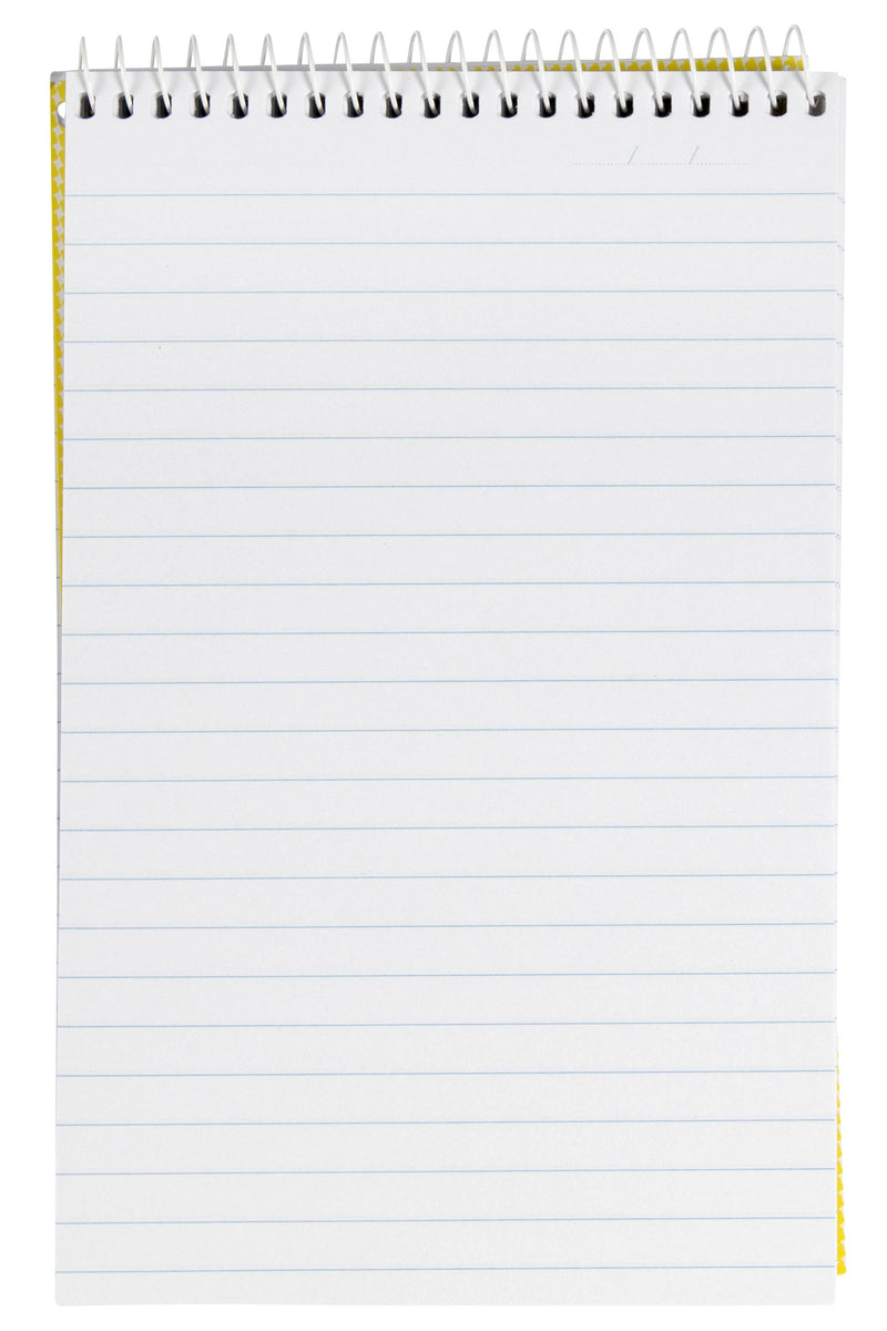 Spirax No. 563A reporter note pad opened to a ruled page, white spiral along the top and the yellow check cover edge visible down the left side