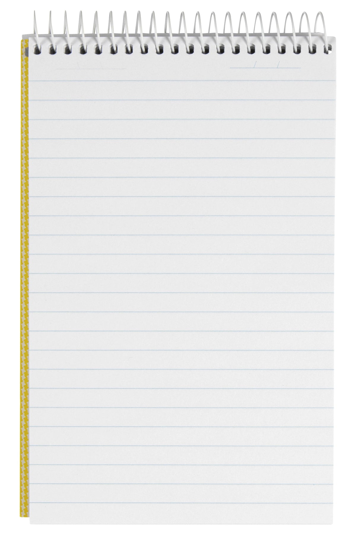 Spirax No. 563B reporter note pad opened to a ruled page, white spiral across the top and the thick yellow check cover edge down the left side
