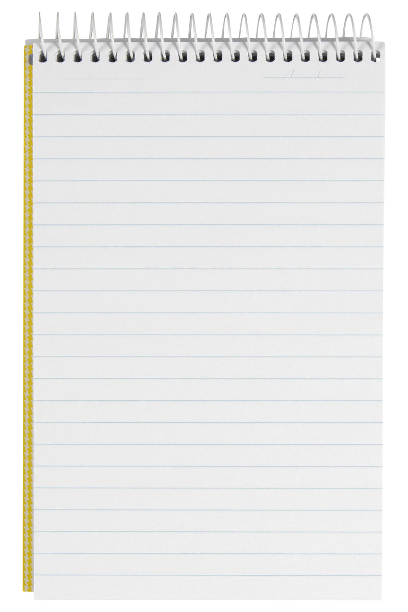 Spirax No. 563B reporter note pad opened to a ruled page, white spiral across the top and the thick yellow check cover edge down the left side