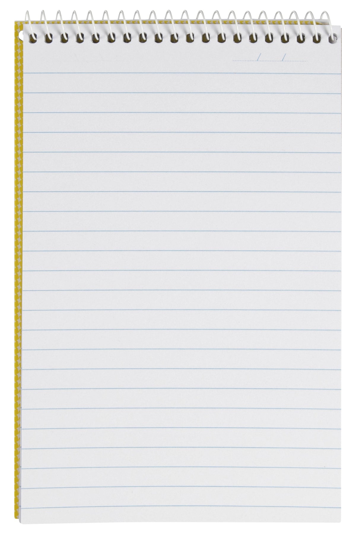 Spirax No. 563 reporter note pad opened to a full ruled page, white spiral across the top and the yellow check cover edge down the left side