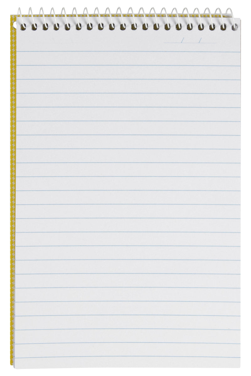 Spirax No. 563 reporter note pad opened to a full ruled page, white spiral across the top and the yellow check cover edge down the left side