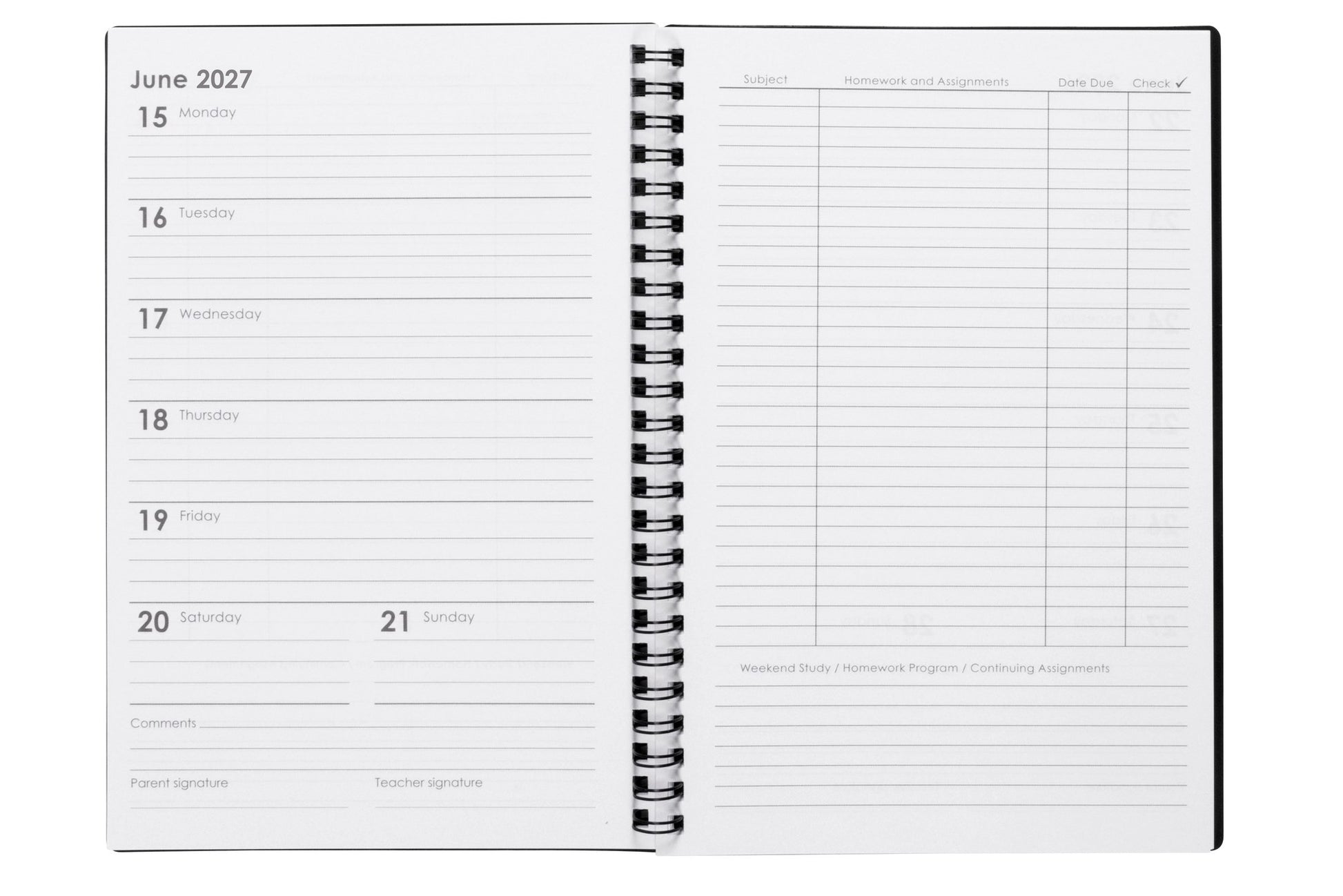 Spirax Schoolside Student Diary 2027 A5 Week To View Black opened to show the printed week to view interior pages and the dated planning grid.