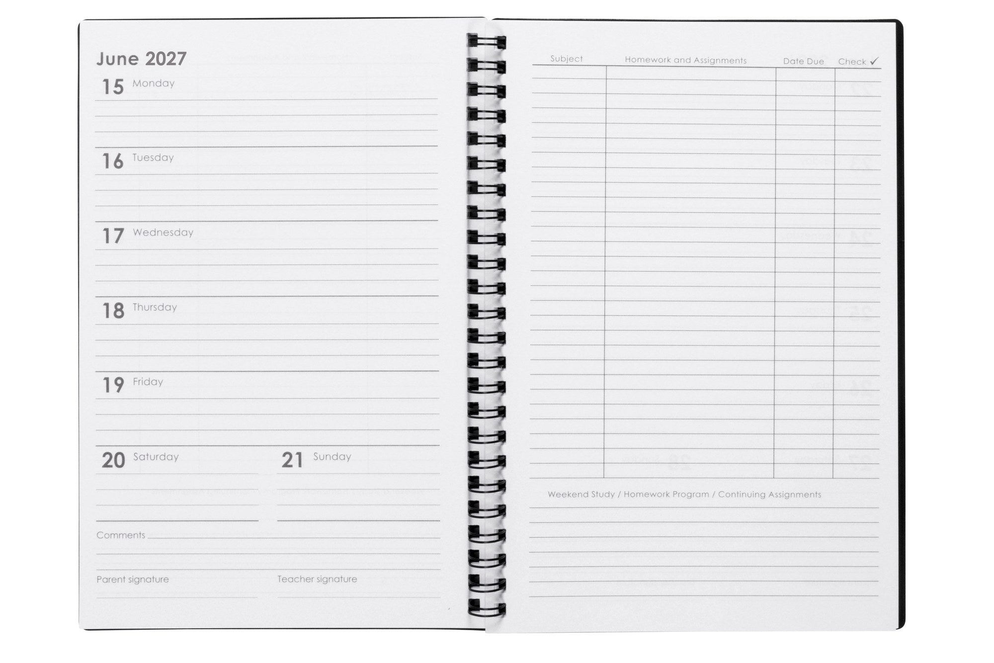 Spirax Schoolside Student Diary 2027 A5 Week To View Black opened to show the printed week to view interior pages and the dated planning grid.