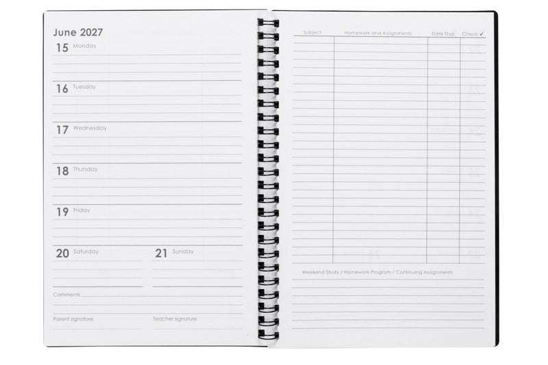 Spirax Schoolside Student Diary 2027 A5 Week To View Black opened to show the printed week to view interior pages and the dated planning grid.
