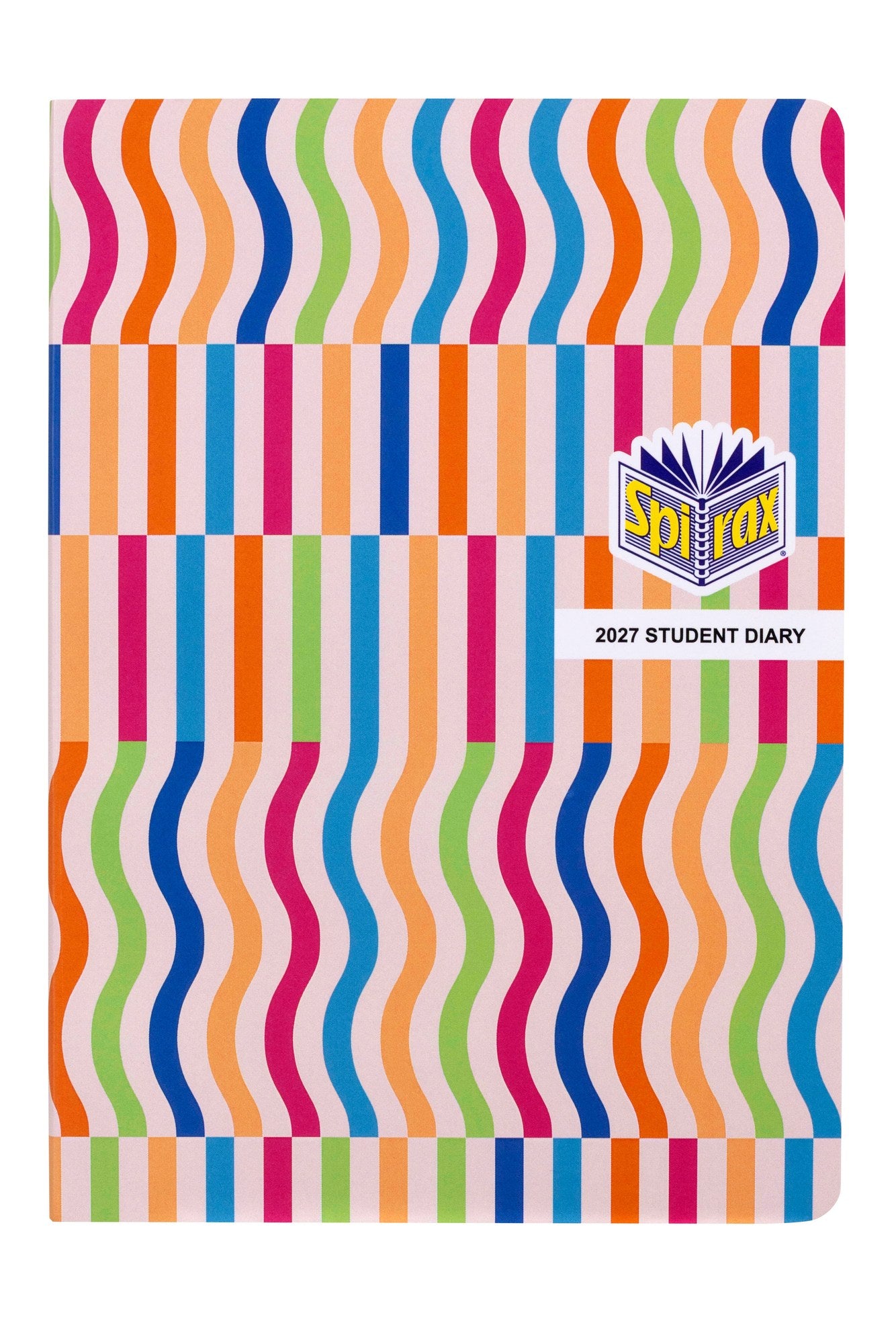 Spirax Schoolside Student Diary 2027 A5 Week To View Casebound Multi-Colour shown front on, the multi-colour cover, closed flat against a plain background.