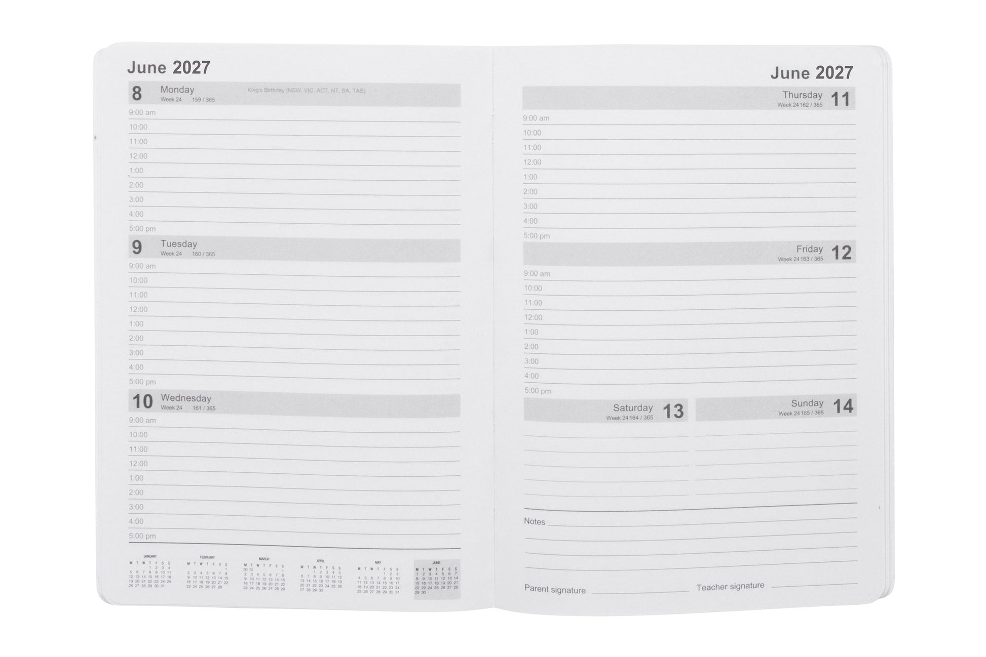 Spirax Schoolside Student Diary 2027 A5 Week To View Casebound Multi-Colour opened to show the printed week to view casebound interior pages and the dated planning grid.