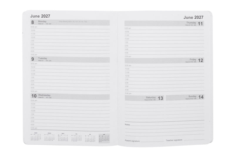 Spirax Schoolside Student Diary 2027 A5 Week To View Casebound Multi-Colour opened to show the printed week to view casebound interior pages and the dated planning grid.